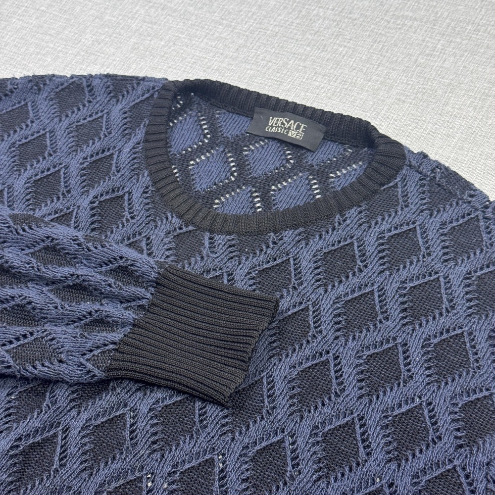 Versace Sweater Pullover Mens XL Blue Crew Neck Cotton Acrylic Open-Knit Argyle